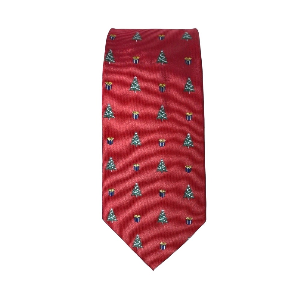 Paul Fredrick Hand Tailored Tie Red Christmas Tree Italian Silk Made in USA